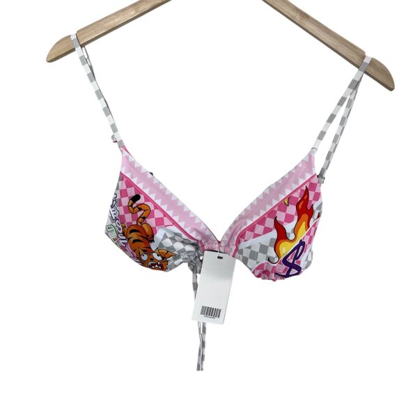 Sprayground Womens Triangle WTF Art Bikini Top Pink Tiger & Flame Print Size L - Picture 1 of 10